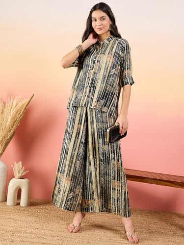 Image of Modeve Women Shirt Palazzo Foil Print Co-Ord Set