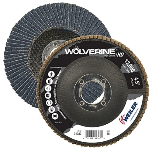 Image of Weiler 31387 Wolverine 4-1 /2 inch x 7 /8 inch Arbor Hole Abrasive Flap Disc, 40 Grit Zirconia Alumina, Flat Type 27, Phenolic Backing, High Density (Pack of 10)