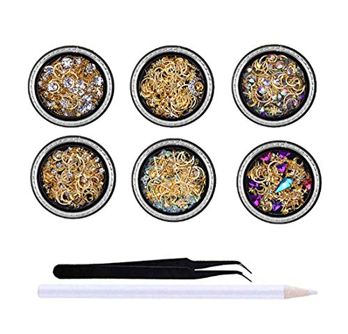 SIUSIO 6 Boxes Nail Art Charms 3D Mix-shape Metal Kit Sparkle Gold Star Moon Studs Decoration Sets for Women Girls and Beginners DIY Design Phone Case Make-up with 1Pcs Tweezers and Picker Pencil
