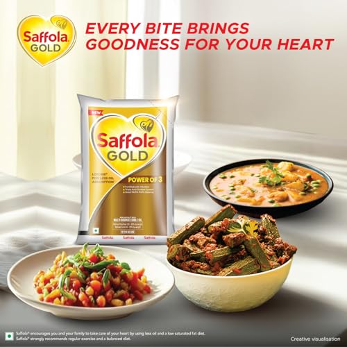 Image of Saffola Gold Refined Cooking oil | Power of 3 - Balance of Good Fats, Triple Anti-Oxidant System & Fortified with Vitamins | Multi-Source Edible Rice Bran & Corn Oil | 3 Litre Standee pouch
