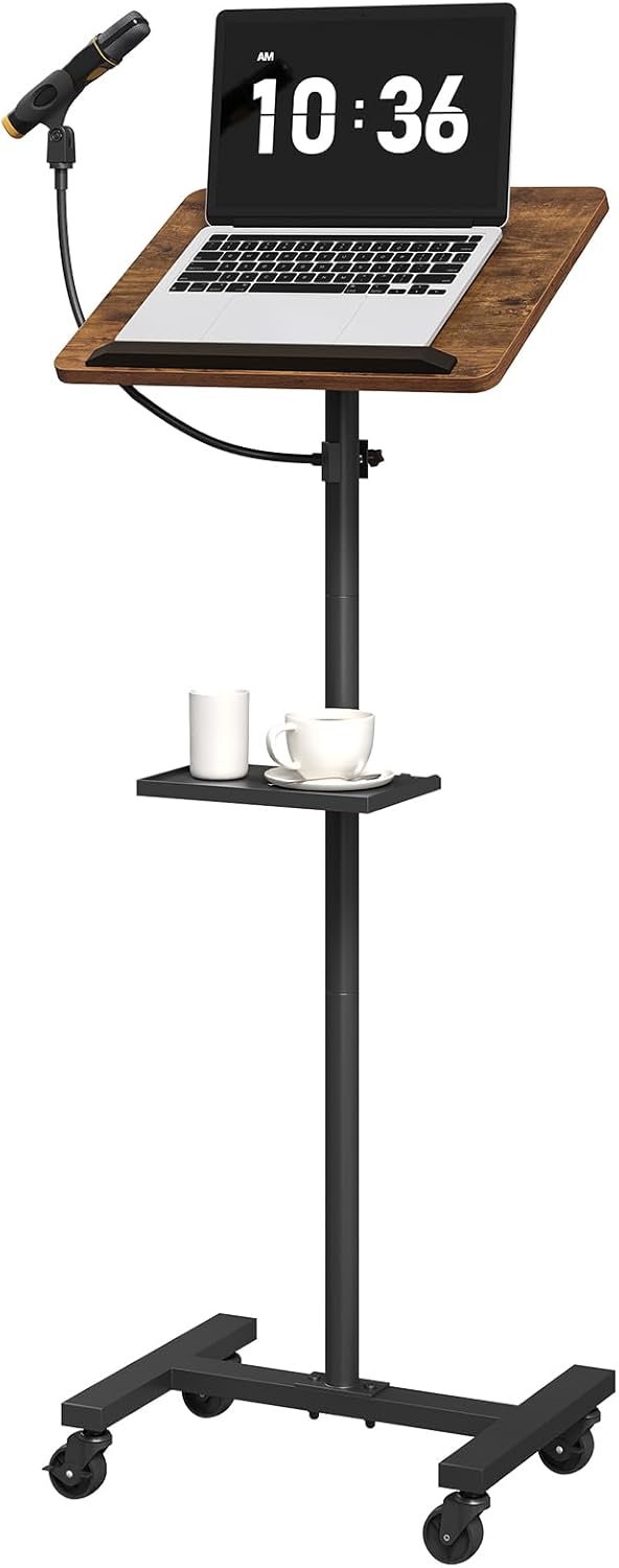 Podium Stand with Microphone Stand, Mobile Lectern and Laptop Desk with Storage Tray, 28.9-42.7 Inch Adjustable Height Portable Podium for Classroom, Conference Room, Rustic Brown LPHR4001