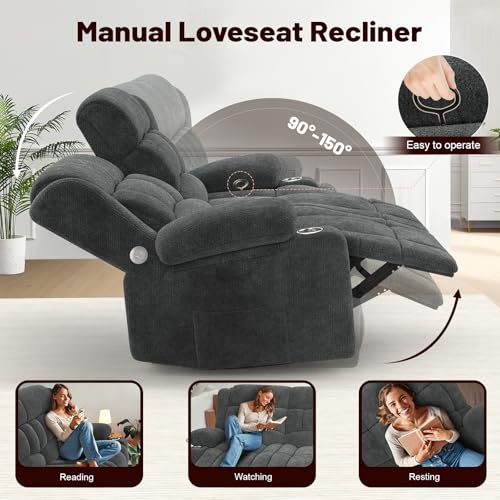 IROSTAE Loveseat Recliner Sofa, 2 Seater Minimalist Style Fabric Manual Pull Tab Reclining Loveseat with USB Charge Ports, Cup Holders, Recliner Love Seat Couches for Living Room, RV, Gray - Image 2