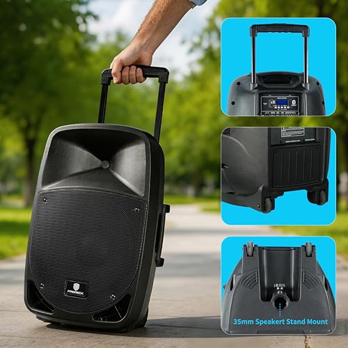 PRORECK Portable 12 Inch 1200W Powered PA/DJ Speaker System with Rechargeable Battery, 2 Wireless Mics, Bluetooth, USB, SD, FM Radio, Remote, Speaker Stand for Parties, Karaoke, speeches, Outdoor