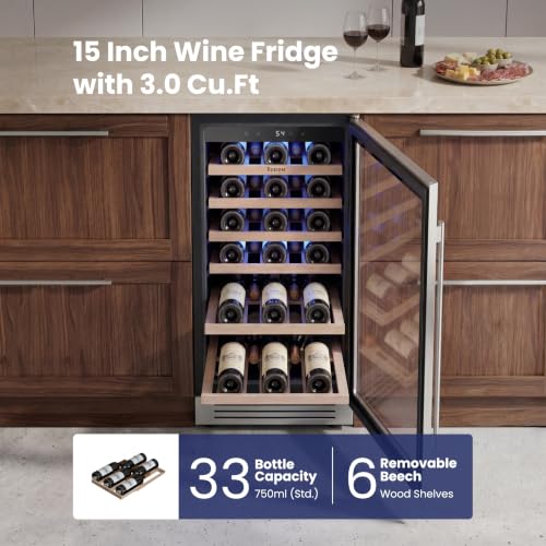 Image of Yeego 15 Inch Wine Fridge - 33 Bottles Wine Cooler with Glass Door, 40-65F Built in Under Counter Freestanding Wine Refrigerator with Adjustable Shelves for Home Bar Office Kitchen