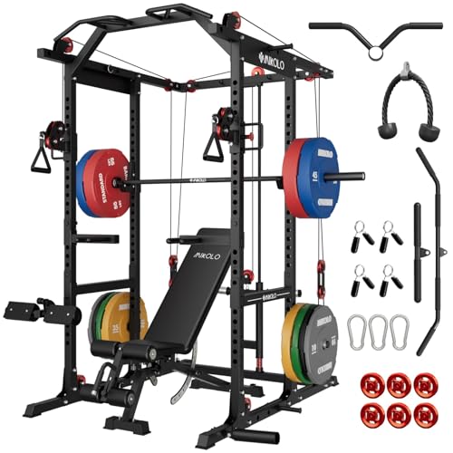 Mikolo K6 2.0 Power Cage, Power Rack with Cable Crossover System, 2000LBS Squat Rack with LAT Pull Down System, Functional Trainer with Aluminum Pulley System for Home Gym, Black, 370LB Color Weights