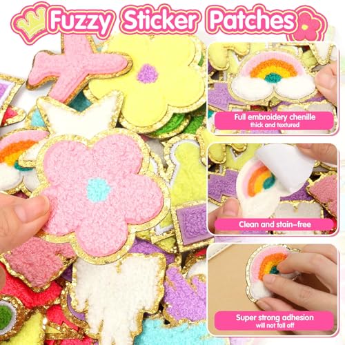 63Pcs Self-Adhesive Chenille Patches, Preppy Stick On Fuzzy Stickers by Evatage - Used condition - Image 3