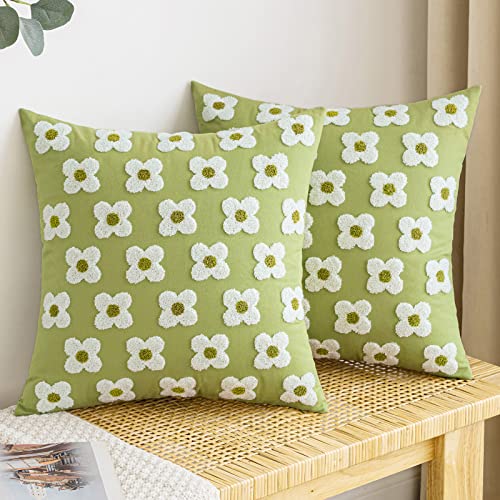 Emema Decorative Throw Pillow Covers Daisy Sun Flower Jacquard Pillowcase Cushion Case Square For Couch Sofa Bed Living Room Bedroom Set Of 2, 16X16 Inch, Sage Green #TOP5