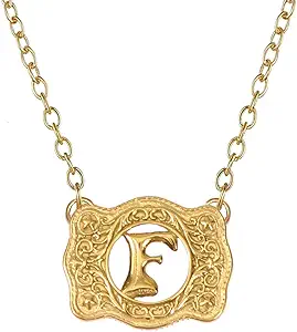 14K Gold Belt Buckle Necklace Western Style Initial Letter Pendant Necklace, Decorative Belt Buckle Frame Design