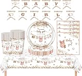 MORAINJAY 65Pcs Mädchen Babyparty Deko für 16 Gäste, Babyshow Partygeschirr mit Pappteller Pappbecher Servietten Tischdecke, Baby Girl Banner Girlande für Baby Dusche Babyshowerparty Geburtstag