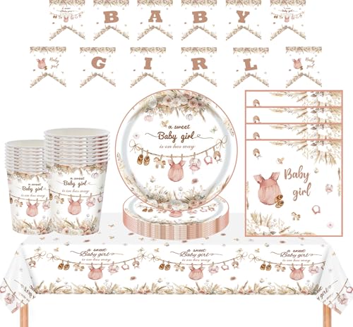 Image of MORAINJAY 65Pcs Baby Shower Party Tableware Set for Girl,Pink Table Decorations with Paper Plates Napkins Cups Tablecloth Banners,Baby Shower Party Supplies - 16 Guests