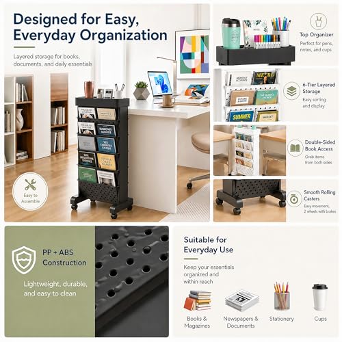 Image of BYFU 6-Tier Rolling Bookshelf, Multi-Functional Storage Rolling File Cart with Lockable Casters for Office Kitchen Classroom Organization and Storage, Black