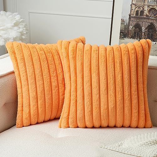 MIULEE Plüsch Samt Kissenbezug Kissenbezüge Kunstpelz weich Moderne Sofakissen Dekokissen Glatter Reißverschluss Waschbar Deko Kissenhülle für Wohnzimmer Schlafzimmer Sofa 2er Set 40x40 cm Orange
