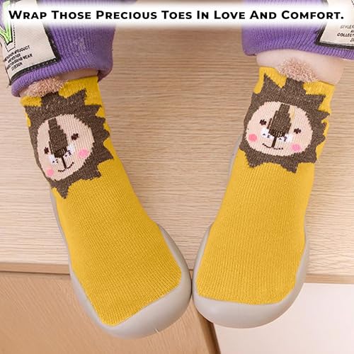 Image of BEMBIKA Baby Sock Shoes - Soft, Stretchy, Cotton Baby Sock Shoes for Infants - Baby Booties with Socks for Children, Ideal Kids Walking Sneakers Floor Socks for Indoor Use-(Turmeric Lion Size 18-19)