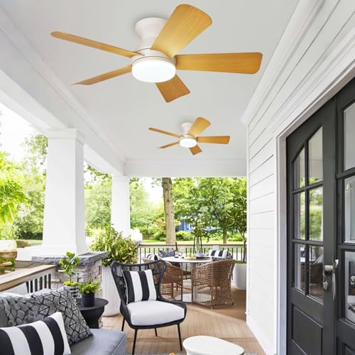 Image of Depuley 35-Inch Ceiling Fans with Lights: Indoor /Outdoor Flush Mount Ceiling Fan with Remote Control - Wood 5 Blade Low Profile Fandelier for Kitchen Gazebo - Reversible Quiet Timer - 2 Packs