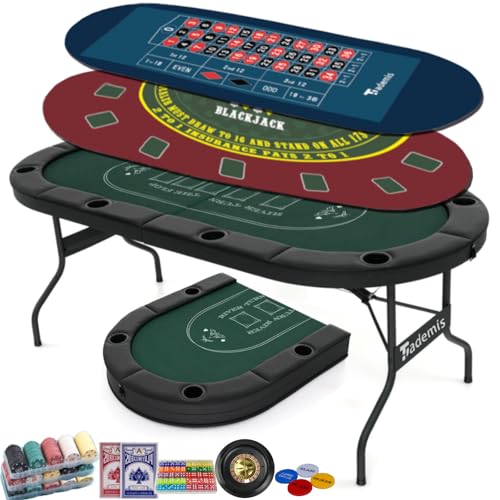 8 Player Foldable Poker Table Top 4-in-1 Casino Game Set for Texas Hold'em, Blackjack, Craps & Roulette, Portable Folding Table Mat with Cup Holders & Full Props for Home Party, Game Night