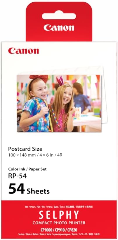 Juego de papel y tinta de color Canon RP-54, compatible con SELPHY CP910/CP1200/CP1300 | Incluye 54 hojas y cinta de tinta de color para imprimir, archivar y compartir.