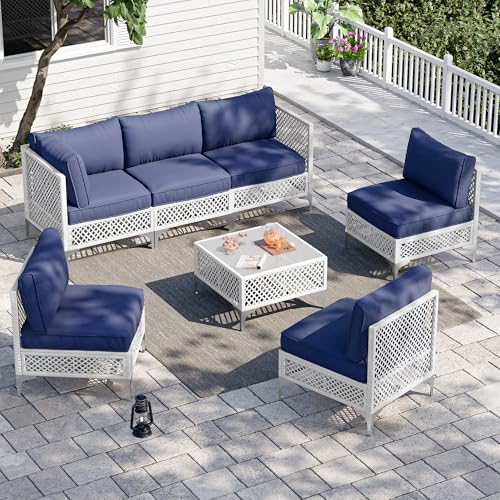 Vikiullf Patio Conversation Set 7 Piece Outdoor Sectional Sofa Set with Coffee Table White Wicker with Blue Cushions (White and Blue 7 piece)