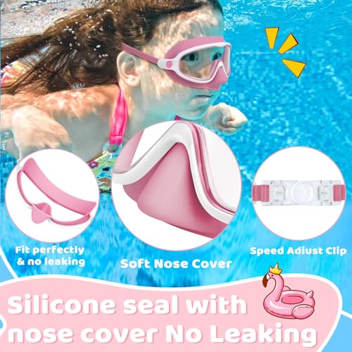 image for Vvinca 2 Pcs Kids-Swim-Goggles with Nose Cover, Swimming Diving Mask W