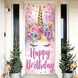 Saoplasa Unicorn Door Banner Floral Gold Horn Pink Pastel Happy Birthday Door Cover for Girls Kids 1st 2nd 3rd 4th 5th Baby Shower Princess Party Entryway Background Photo Props Decorations 71x35 Inch
