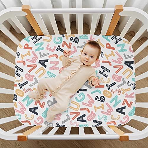 Image of Fitted Crib Sheets ABC Cartoon Alphabet Stretchy Portable Playard Sheets for Baby Toddler, Breathable Soft Mini Crib Mattress 52 x 28 in for Boys and Girls