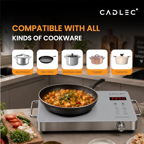 Image of Cadlec HeatBlaze 2200W Infrared Cooktop Stove with Grill Rack for Barbecue, Crystal Glass Plate, Digital Display, Touch Control, Infrared Hot Plate (Silver)