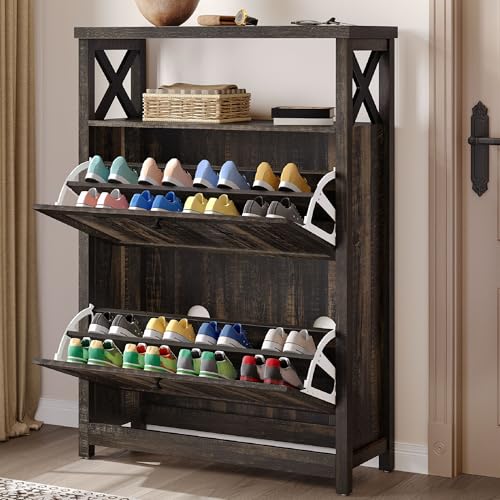 YITAHOME Shoe Cabinet with 2 Flip Drawers, Entryway Shoe Storage Cabinet with Open Shelves, Free Standing Hidden Shoe Rack Storage Organizer for Entryway/Hallway/Closet, Dark Rustic Oak