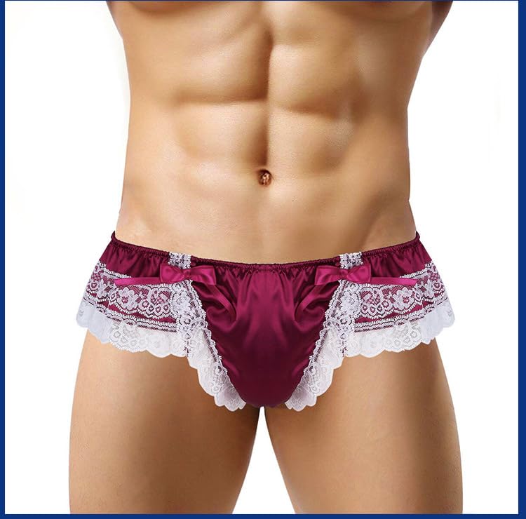 Satin Panties for Men Lace Thong Underwear Crossdressers Pouch Briefs with Back Bow Sexy Sissy Lingerie2