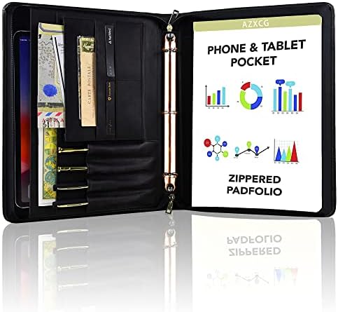 AZXCG Genuine Leather Portfolio Binder, Professional Organizer Padfolio, Leather Resume Portfolio Folder with YKK Zipper for Men, 8.5 x 11 Writing Pad Stylish Working Document Folio, Black