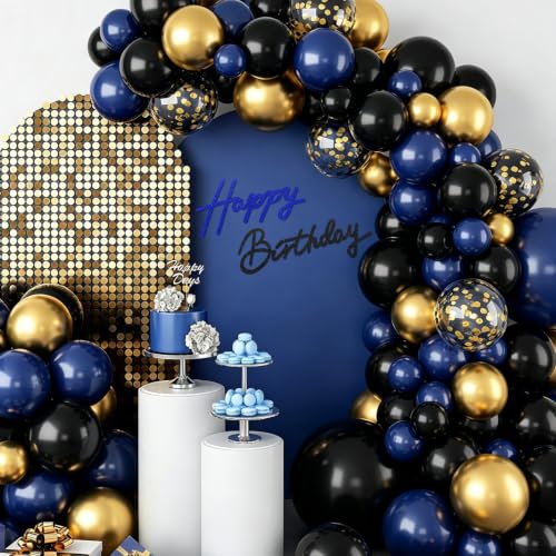 Image of TONIFUL Happy Birthday Sign for Backdrop - Glitter Black Navy Blue Felt Banner - Includes Dot Glue - Perfect for Birthday Party Backdrop,Wall Decr,Balloon Arch,Photo Background