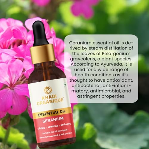 Image of Khadi Organique Pure Geranium Essential Oil for Massage, Relaxation & Aromatherapy | Natural Floral Oil for Diffusers, Meditation, Skin & Hair Care | Helps to Reduce Acne, Dandruff & Stress | 15ml