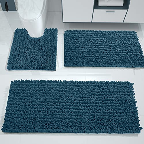 Yimobra Chenille Bathroom Rugs Sets 3 Piece with Toilet Mats,Luxury Original Thick Absorbent Large Plush Rug Set,Ultra Soft Shaggy Bath Room Floor Mat,Non Slip,Machine Washable,Quick Dry,Peacock Blue