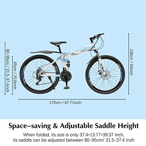 YIYIBYUS 26 inch Foldable Mountain Bike 21 Speed Full Suspension Folding Bicycles with High-Carbon Steel,Double Disc Brake Outroad MTB Bicycles for Adults Men Women - Image 4
