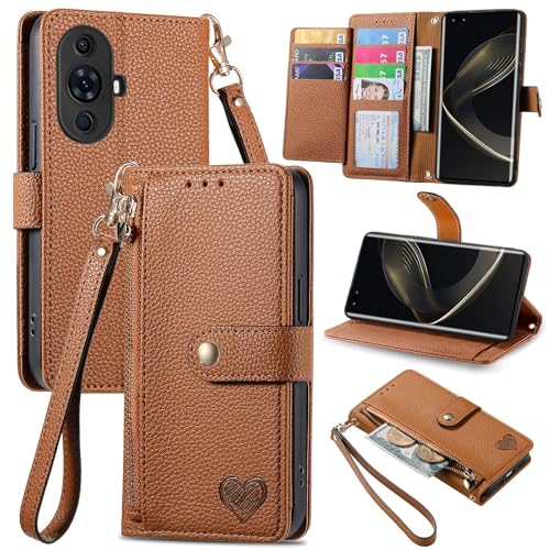 Jiajihua Cover Compatible with Huawei Nova 10,Compatible with Huawei Nova 10 4G Lanyard【Zipper Wallet】【7 Card Slots】【Flip Stand】【Magnetic Buckle】 Brown