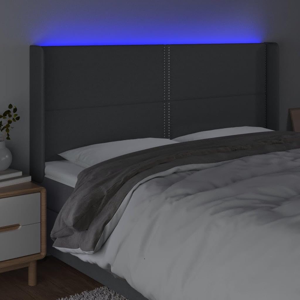 Zagłówek LED, ciemnoszary, 183 x 16 x 118/128 cm, materiał, regulacja wysokości, tapicerka, nowoczesny design, oddychający, trwały, do sypialni