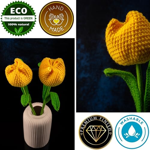 Image of Tulip Crochet Flowers | Handcrafted Artificial Faux Woolen Flower with Long Stem | Natural Looking Knitted Flower for Home, Living Room, Vase & Bouquet Decoration & Gifting | Yellow-2 Pcs