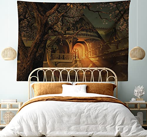 Lunarable Fantasy Tapestry Queen Size, Enchanted View With Elven Boat Floral Tree Fairytale Night Design, Wall Hanging Bedspread Bed Cover Wall Decor, 88" X 88", Green Cinnamon #TOP4