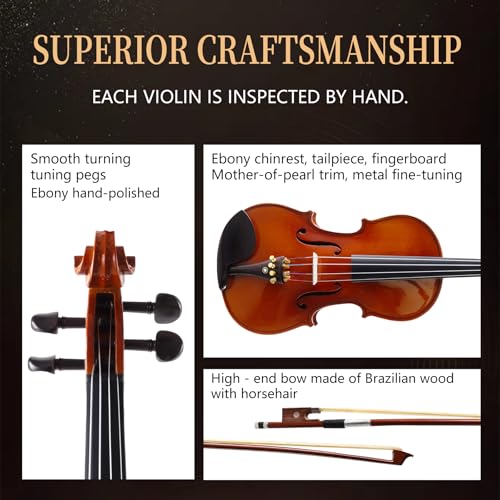 Violin 4/4 Full Set,Beginner Violin for Adults,Kids,Students,4/4 Violin with spruce,maple and ebony accessories,Full Size Violin with 13 pieces for Beginner Ages 11+,Professional Performers(Natural-A) - Thumbnail 2