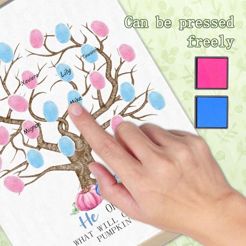 Image of Pumpkin Baby Shower Gender Reveal Fingerprint Tree Canvas Guest Books, Gender Reveal Party Decorations Gifts Ideas, Thumbprint Hanging Paintings