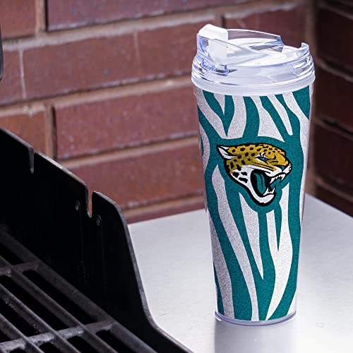 Image of Rico Industries NFL Football Glitter 24oz Acrylic Glitter Tumbler with Hinged Lid, Officially Licensed Double Wall Tumbler with Straw