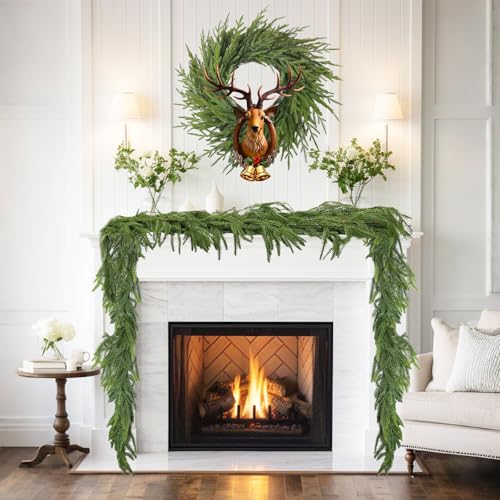 AULMEILA 2 Pack 6FT Artificial Norfolk Pine Garland – Real Touch Winter Greenery Garland for Christmas Decorations, Indoor Outdoor Mantel Table Wall Fireplace Décor, Flexible Holiday Faux Pine Vines