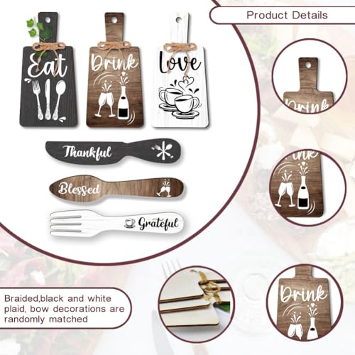 PH PandaHall 6pcs Kitchen Wall Decor Start Drink Sign Set Wood Pendant Accessories Mini Wood Plaque Fork and Spoon Shape Decorations Rustic Style Home Dector Black Brown White 11x5.5 inch/11.8x2 inch - Image 3