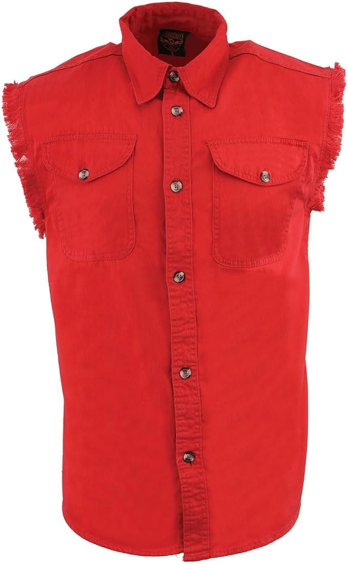 Mens Classic Light Weight Cotton Cut Off Button Down Sleeveless Shirt with Frayed Sleeves Many Colors