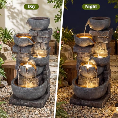 Giantex 33\'\' Water Fountain Outdoor, 5-Tier Cascading Stacked Stone Bowl Waterfall Fountain with LED Lights & Pump, Outside Water Feature for Patio, Balcony, Deck, Garden, Yard Decor