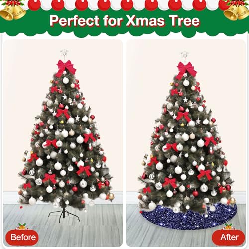 Omksih NAVY BLUE CHRISTMAS TREE SKIRT 60 Inches Velvet Sequins Tree Skirt For 9Ft Large Xmas Trees Rustic Christmas Tree Base Sparkle Blue Tree Skirt Polyester Glittery Tree Skirts thumb #5