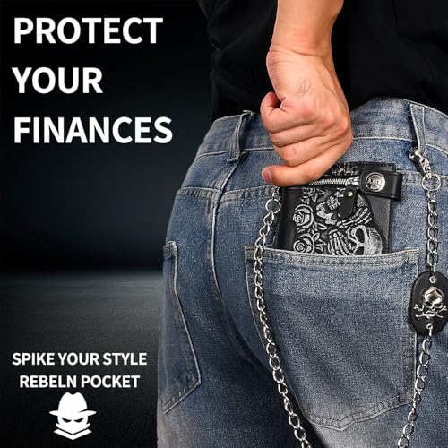 Skull Gothic Chain Wallet - Leather Punk Bifold | Unisex Halloween Goth Accessory - Black4