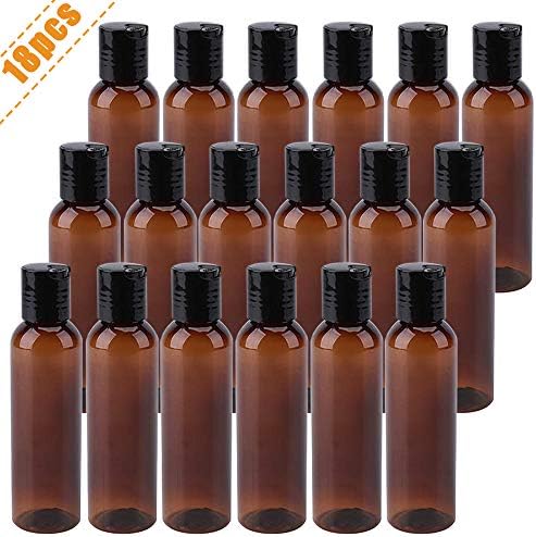 18 Pack 4oz Plastic Squeeze Bottles with Disc Top Flip Cap,Amber Refillable Containers Round Travel Bottles for Lotions,Shampoo,Liquid Body Soap and Creams