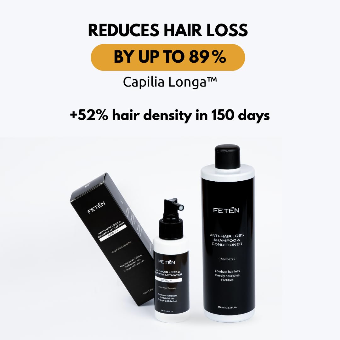 FETEN Zestaw Przeciw Wypadaniu Włosów dla Mężczyzn - Szampon i Odżywka 400 ml + Serum Spray 100 ml - Kuracja na Wypadanie Włosów - Wzrost, Objętość i Wzmocnienie - Anti Hair Loss