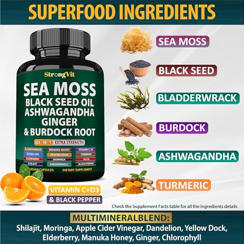 Sea Moss Black Seed Oil Ashwagandha Ginger, Organic Sea Moss Capsules with Burdock Root, Irish Seamoss Pills with Bladderwrack, Advanced Multimineral Supplement, USA - Image 3