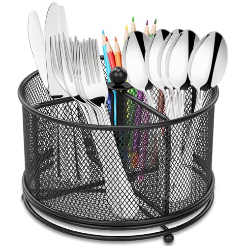 Utensil Caddy Kitchen Utensil Holder 6.7×6.7×5.1 Inch Metal Utensil Organizer 4-Compartment Metal Utensil Caddy 360° Rotatable Cutlery Holder Multifunctional Flatware Organizer for Home