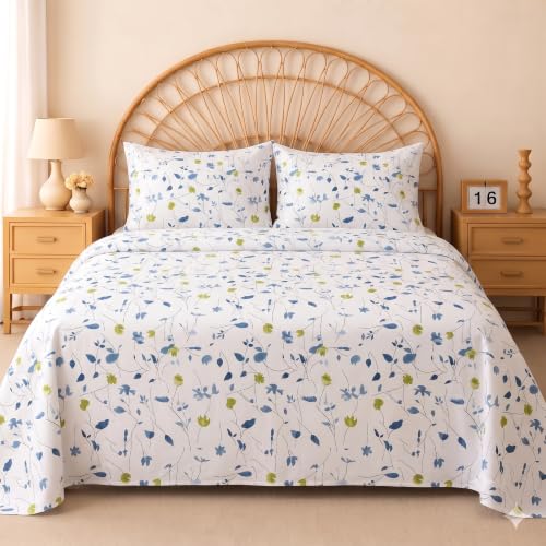Image of IVAZA 240 TC Soft Ezyption Cotton Floral Print King Size Bedsheet - with 2 Pillow Covers, Hypoallergenic, Brethable, (Size- 90 x 90 Inch) Blue & White